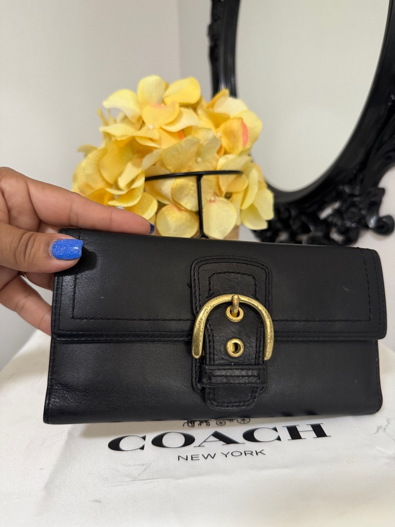 Coach Vintage Black Leather Flap Wallet With Gold Buckle Detail